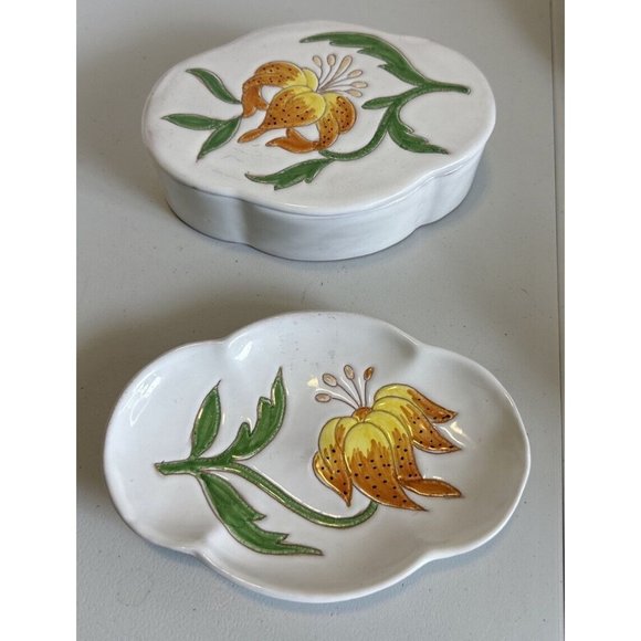 2 Piece Vanity Set Tiger Lilies Trinket Box And Dish Made In Italy Ceramic 6.25”